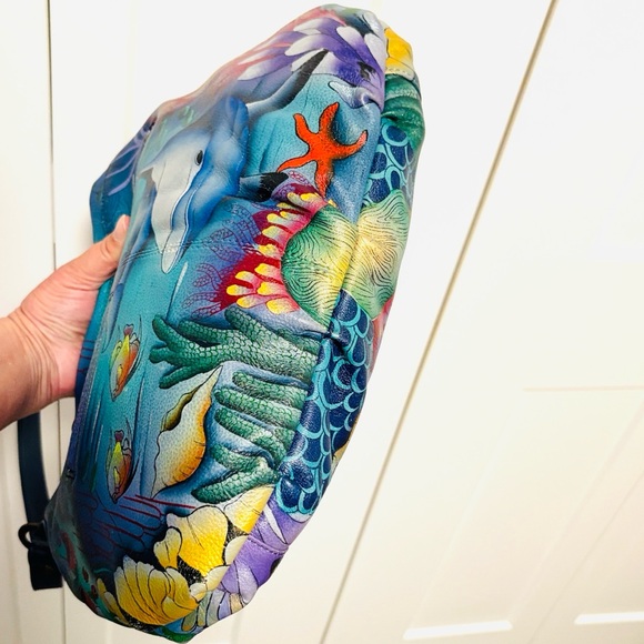 [Anuschka] Hand-Painted Leather Medium Flap Messenger Bag Purse, "Dolphin World" - Picture 8 of 16